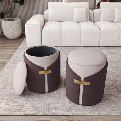 Brown Two-Toned Storage Ottoman with Gold Accents, Multiuse Vanity Stool 14.5 inchx14.5 inchx17.5 inchH, 265 LBS