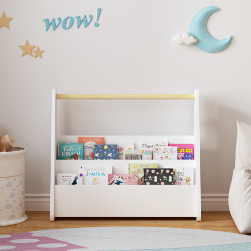 Kids Front-Facing Bookshelf with Wooden Handle 2-Tier White