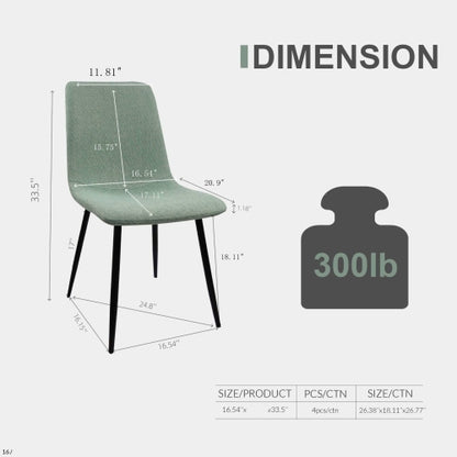 Linen Upholstered Dining Chairs with Black Metal Legs, Set of 4, Light Green