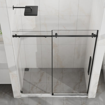 Goodyo 60" W x 72" H Sliding Shower Door, Frameless Sleek Glass Shower Door, 1/4" (6mm) Thick Tempered Clear Glass with Easy-clean Coating, Stainless Steel Hardware, Matte Black
