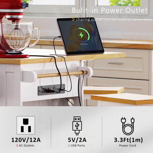 53inch Large Kitchen Island with Drop Leaf, Power Outlet, Door Internal Storage Rack, Rolling Kitchen Cart on 5 Wheels with 5 Open Side Racks for Kitchen, Dining Room,White(Not include bar stools)