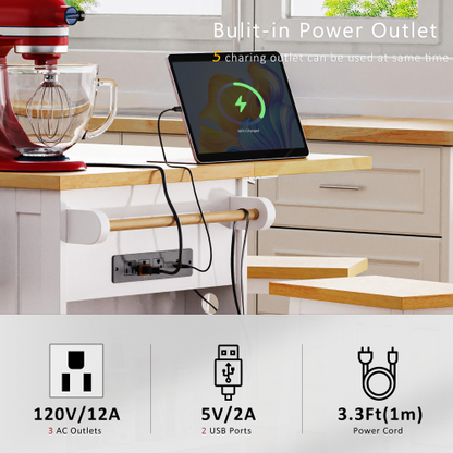 53inch Large Kitchen Island with 2 Bar Stools, Power Outlet,Door Internal Storage Rack, Kitchen Storage Cart on 5 Wheels with Drop Leaf, 5 Open Side Racks, 3 Drawers,White(Three Packages)