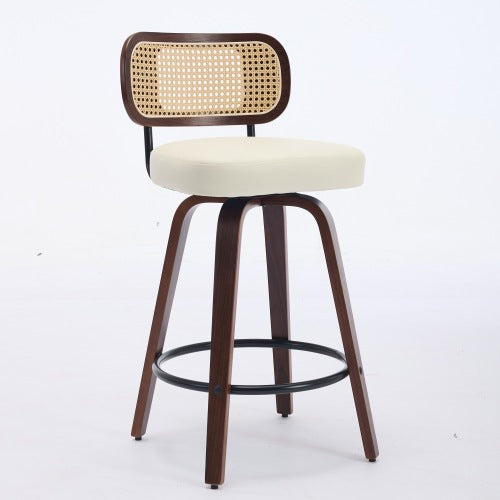 Set of 2 Counter Height Bar Stools - 26 inch Rattan Counter Height Stools with Cane Back, Upholstered Seat, Walnut Craftsmanship, Swivel Counter Stools for Island/Kitchen/Counter/Bar (Walnut /Beige)