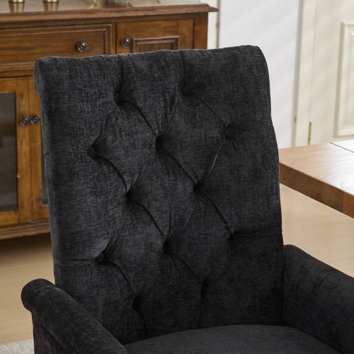 Upholstered Chenille Arm Dining Chair, Tufted Accent Chair with Curved Solid Wood Legs, Black, Single Pack