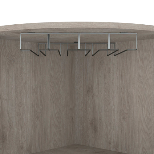 Corner Bar Cabinet, Eight Bottle Cubbies, Double Door, Two Open Shelves