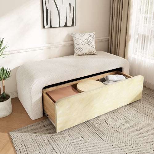 White Boucle Ottoman with Drawer, Upholstered Storage Footrest