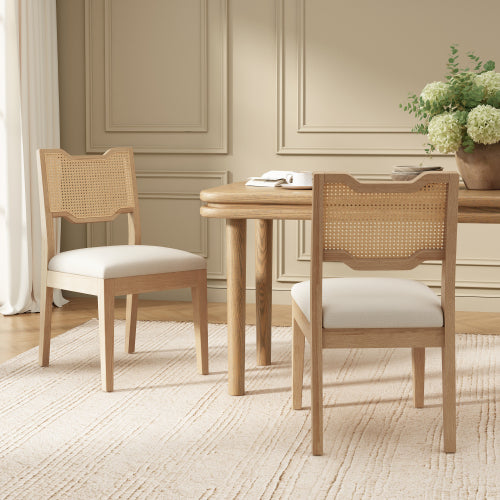 Set of 2 Natural Rubber Wood Farmhouse Rattan Back Counter Bar Stools, Beige Fabric Upholstered 19.2inch  Seat Height Chairs