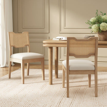 Set of 2 Natural Rubber Wood Farmhouse Rattan Back Counter Bar Stools, Beige Fabric Upholstered 19.2inch  Seat Height Chairs