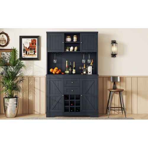Coffee Bar Cabinet Kitchen Cabinet with Storage, Farmhouse Wine Cabinet with Drawers shelves and cabinets, Buffet Cabinet Wine & Glass Racks for Dining Room, Kitchen, Dark Blue