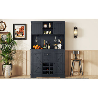 Coffee Bar Cabinet Kitchen Cabinet with Storage, Farmhouse Wine Cabinet with Drawers shelves and cabinets, Buffet Cabinet Wine & Glass Racks for Dining Room, Kitchen, Dark Blue