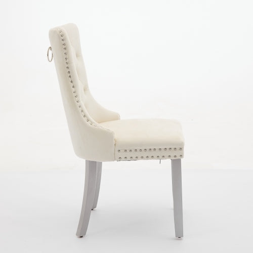 Set of 2 Milky White Mid-Century Velvet Tufted Dining Chairs, Solid Wood Leg Nailhead Trim 280lbs Weight Capacity