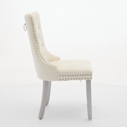 Set of 2 Milky White Mid-Century Velvet Tufted Dining Chairs, Solid Wood Leg Nailhead Trim 280lbs Weight Capacity