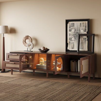 Rattan TV Stand with Drawers Glass Doors and LED Lights for 80 Inch TVs