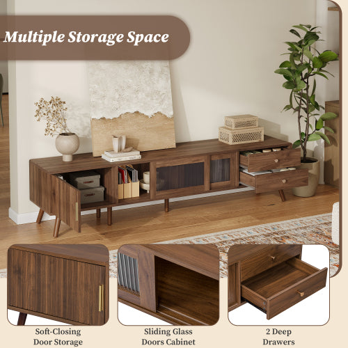 76 Inch Modern TV Stand with Glass Doors Wood Grain Media Console