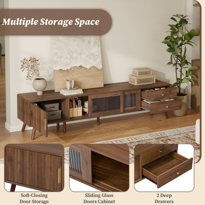 76 Inch Modern TV Stand with Glass Doors Wood Grain Media Console