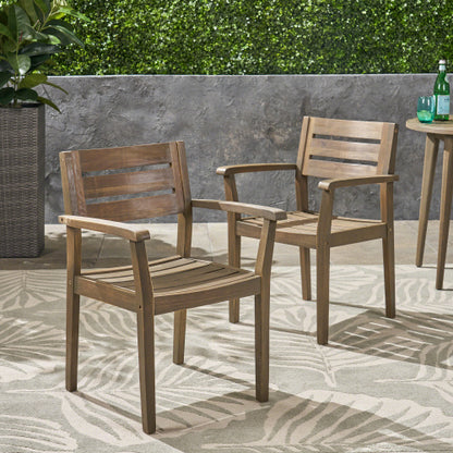 Set of 2 Grey Acacia Wood Outdoor Patio Arm Dining Chairs, Weather Resistant Garden Backyard Chairs 350 LBS Load
