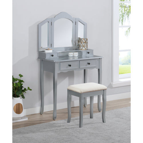 Silver Wood Vanity Makeup Table and Stool Set, 3-Panel Beveled Mirror, 4 Drawers, Brushed Nickel Hardware