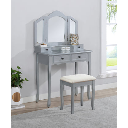 Silver Wood Vanity Makeup Table and Stool Set, 3-Panel Beveled Mirror, 4 Drawers, Brushed Nickel Hardware
