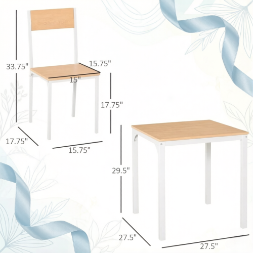 3-Piece White Modern Dining Set, Square MDF & Steel Table and 2 Chairs for Apartments