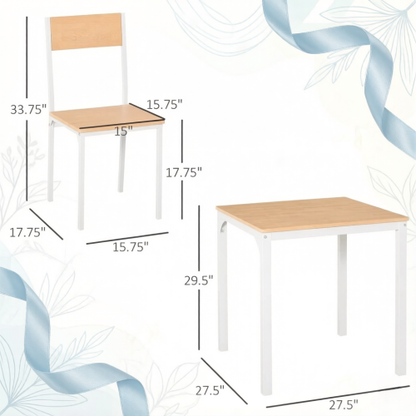 3-Piece White Modern Dining Set, Square MDF & Steel Table and 2 Chairs for Apartments