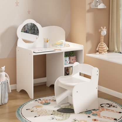 Kids Vanity Table with Mirror and Chair, Wooden Children's Dressing Makeup Desk with Storage Shelves, Playroom Bedroom, White