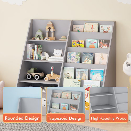 Gray 4-Tier Multi-functional Kids MDF Bookshelf, 2-Shelf 1-Bin Toddler Playroom Storage Organizer
