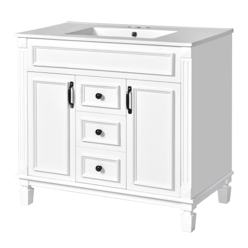 36'' Bathroom Vanity with Top Sink, Mirror Cabinet, Modern Bathroom Storage Cabinet with 2 Soft Closing Doors and 2 Drawers, Single Sink Bathroom Vanity
