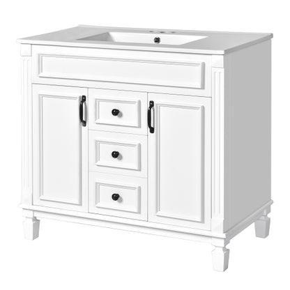 36'' Bathroom Vanity with Top Sink, Mirror Cabinet, Modern Bathroom Storage Cabinet with 2 Soft Closing Doors and 2 Drawers, Single Sink Bathroom Vanity