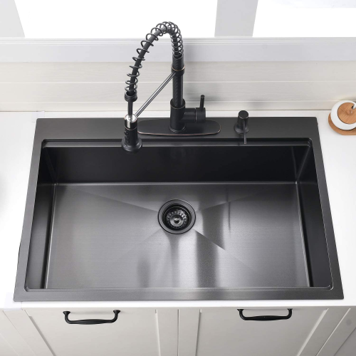 33 Inch Gunmetal Black Drop in Workstation kithchen Sink -33 "x 22" 16 Gauge Topmount Drop in Single Bowl Stainless Steel Kitchen Sink with Accessories