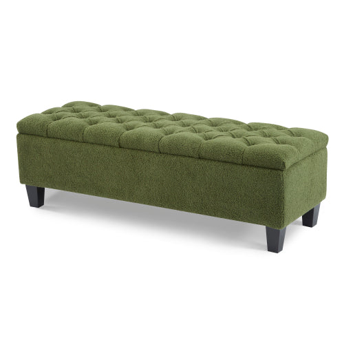Green Boucle Storage Ottoman Bench, Tufted Design with Rubber Wood Legs, 300 LBS Capacity, 51.18 inchL x17.52 inchW x18 inchH