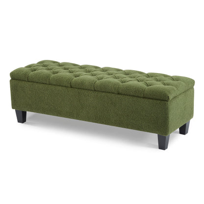 Green Boucle Storage Ottoman Bench, Tufted Design with Rubber Wood Legs, 300 LBS Capacity, 51.18 inchL x17.52 inchW x18 inchH
