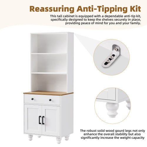 Farmhouse Pantry Cabinet with Drawer & Adjustable Shelves White
