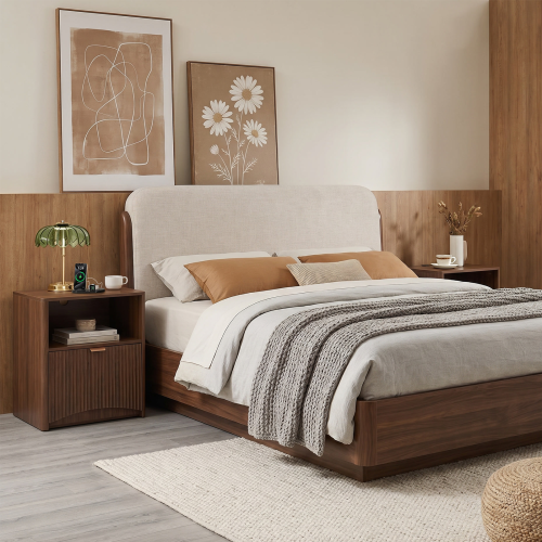 Set of 2 Walnut Mid-Century Nightstands with Charging Station