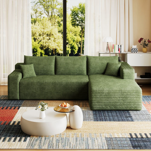 95-Inch Green Plush Corduroy U-Shaped Cloud Modular Sectional Deep-Seat Corner Sofa No-Assembly for Living-Room