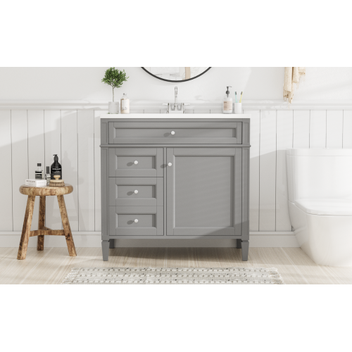 36'' Bathroom Vanity with Top Sink, Modern Bathroom Storage Cabinet with 2 Drawers and a Tip-out Drawer, Single Sink Bathroom Vanity