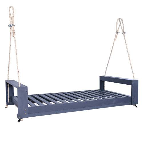 Twin Size Porch Swing Bed Seating Group, Patio Acacia Wood Swing Frame with Hemp Ropes for Garden, Backyard, Gray