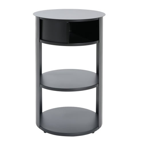 3-Tier Metal Round Side Table with Cabinet, Matte Black