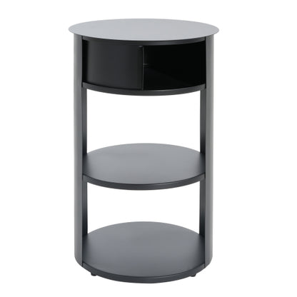 3-Tier Metal Round Side Table with Cabinet, Matte Black
