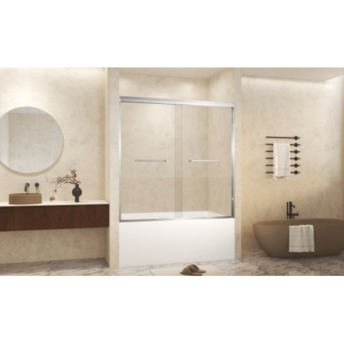 56-60" x 60" Tempered Glass with Explosion Proof Film, Aluminum Frame Double Sliding Shower Door, "1/4 (6 mm), Stainless Steel handle,Brushed Nickel