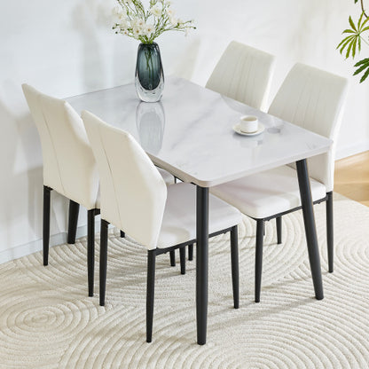 5-Piece White Tempered Glass Dining Set, Marble Texture Table with 4 PU Shell Pattern Dining Chairs