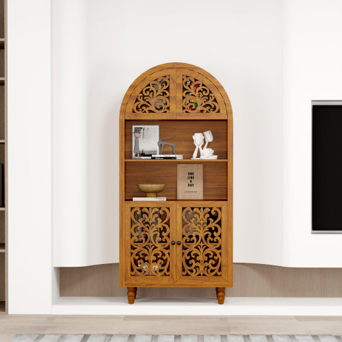 66 Inch Vintage Arched Hand-Carved Wood Open&Closed Storage Cabinet