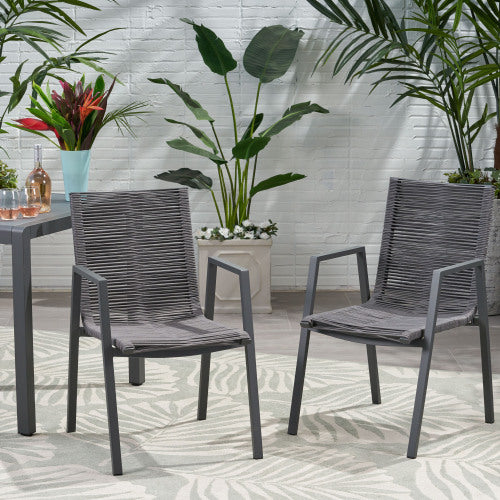 Outdoor Modern Aluminum Dining Chair with Rope Seat (Set of 2), Gray and Dark Gray