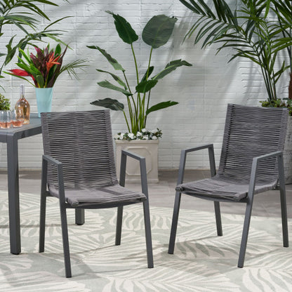 Outdoor Modern Aluminum Dining Chair with Rope Seat (Set of 2), Gray and Dark Gray