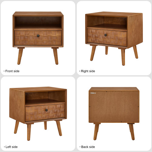 Mid-Century Modern Wood Nightstand with Carved Drawer