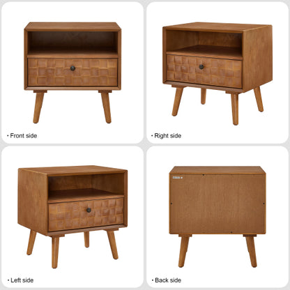 Mid-Century Modern Wood Nightstand with Carved Drawer