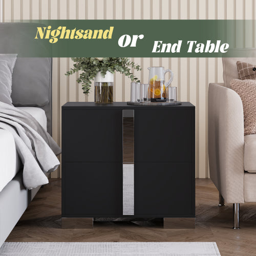 Modern End Table with Drawers, Elegant Nightstand with Metal Foot,Wood Bedside Table with Mirrored Metal Handles,Sofa Side End Table for Bedroom Living Room Office,Black