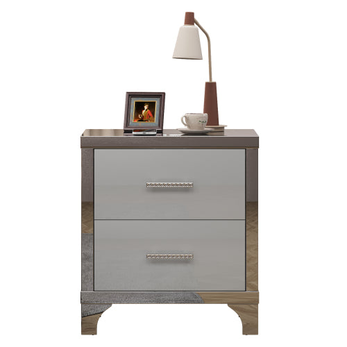 High Gloss Mirrored Nightstand with 2 Drawers,Modern End Table with Drawers,Mirrored High Gloss Wood Nightstand Metal Handle Bedside End Table for Bedroom, Dorm,Living Room,Grey