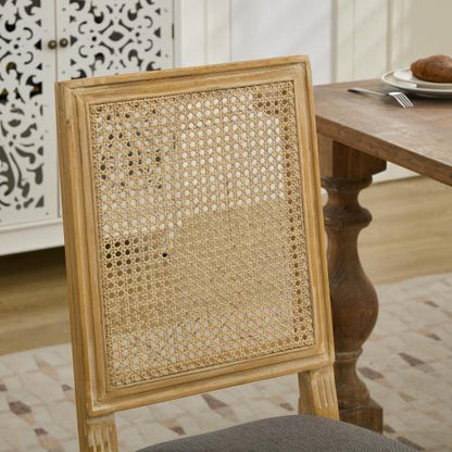 Set of 2 Gray French Louis Square Rattan Back Carved Solid Wood Dining Chairs, Antique Paint Frame 300 LBS Capacity