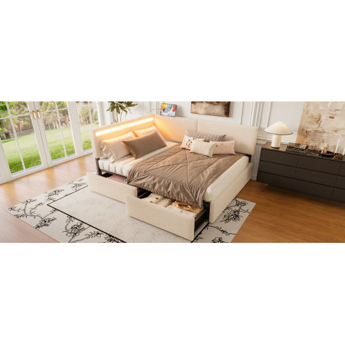 Twin Size Boucle Bed Frame, Upholstered Cloud Bed Frame with Headboard, with 2 Storage Drawers, LED light and USB Charging Design, Solid Wood Legs and Slats, No Box Spring Needed, Beige