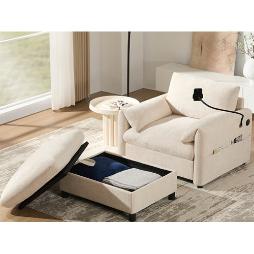 37 inch  Chenille Single Sofa Chair, Storage Ottoman, Dual Charging Ports, Phone Holder